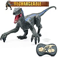 Hot Bee Remote Control Dinosaur Toys, Walking Robot Dinosaur w/ Roaring Sounds 2.4Ghz Simulation Blue Velociraptor RC…