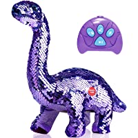 Remote Control Reversible Sequins Dinosaur Toy for 2 Years Old & Up Girls Boys, RC Dino Can Repeat & Walk & Roar& Sing…