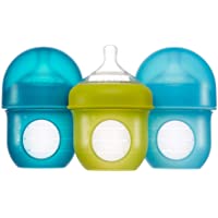 Boon, NURSH Reusable Silicone Pouch Bottle, Air-Free Feeding, 4 Ounce with Stage 1 Slow Flow Nipple (Pack of 3), Blue