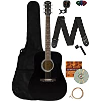 Fender Squier Dreadnought Acoustic Guitar - Black Learn-to-Play Bundle with Gig Bag, Tuner, Strap, Strings, Picks…