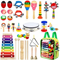 Kids Musical Instruments, 33Pcs 18 Types Wooden Percussion Instruments Tambourine Xylophone Toys for Kids Children…