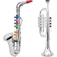 CLICK N' PLAY Set of 2 Musical Wind Instruments for Kids - Metallic Silver Saxophone and Trumpet Horn