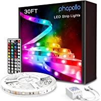 PHOPOLLO Led Strip Lights, 30ft 5050 Flexible Led Lights with 44 Keys Remote Controller and 12V Power Supply for Bedroom