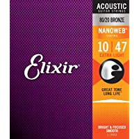 Elixir Strings 80/20 Bronze Acoustic Guitar Strings w NANOWEB Coating, Extra Light (.010-.047)