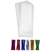 200 Clear Small Long Candy Cello Treat Bags 2x10 with 4" Twist Ties 6 Mix Colors - 1.4mils Thickness OPP Poly Bags for…