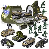 JOYIN 7PCS Military Friction Powered Transport Cargo Airplane Toy with Die-cast Military Cars Including 6 Diecast…