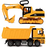 Excavator & Dump Truck Toy for Kids (Set of 2) – Moveable Claw & Lifting Back – Garbage Truck & Bulldozer Digger…