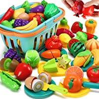 70 PCS Cutting Play Food Toy for Kids Kitchen, Pretend Fruit &Vegetables Accessories with Shopping Storage Basket…