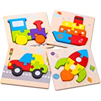 SKYFIELD Wooden Vehicle Toddler Puzzles for 1 2 3 Years Old Boys & Girls, Baby STEM Educational Toy Gift with 4 Vehicles…